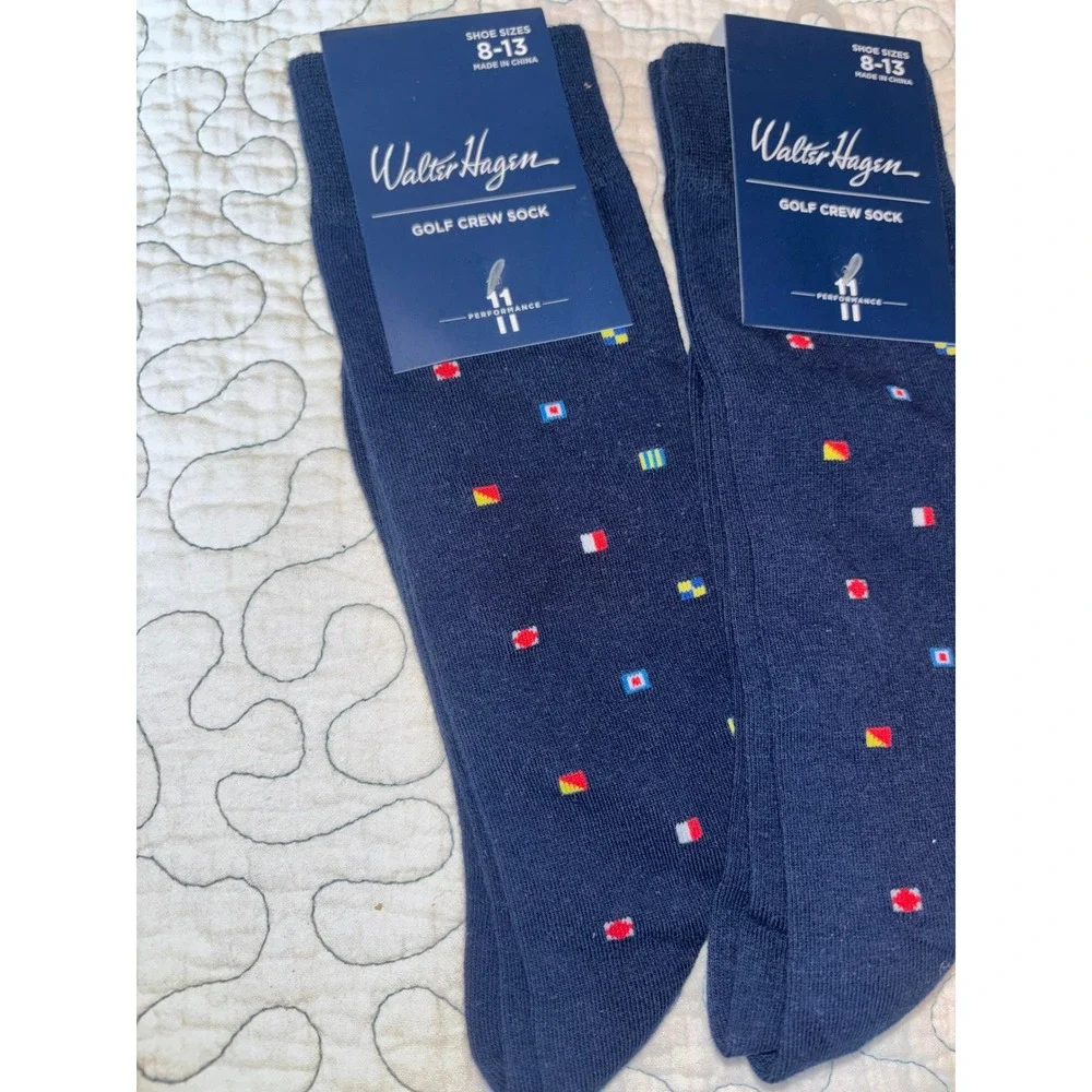 Walter Hagen Mens Navy Nautical Signal Flag Golf Crew Socks 2 Pairs Size 8-13